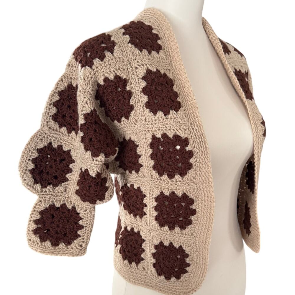 Vintage Brown Tan Wool Crochet Granny Square Shrug Jacket Size Small Boho